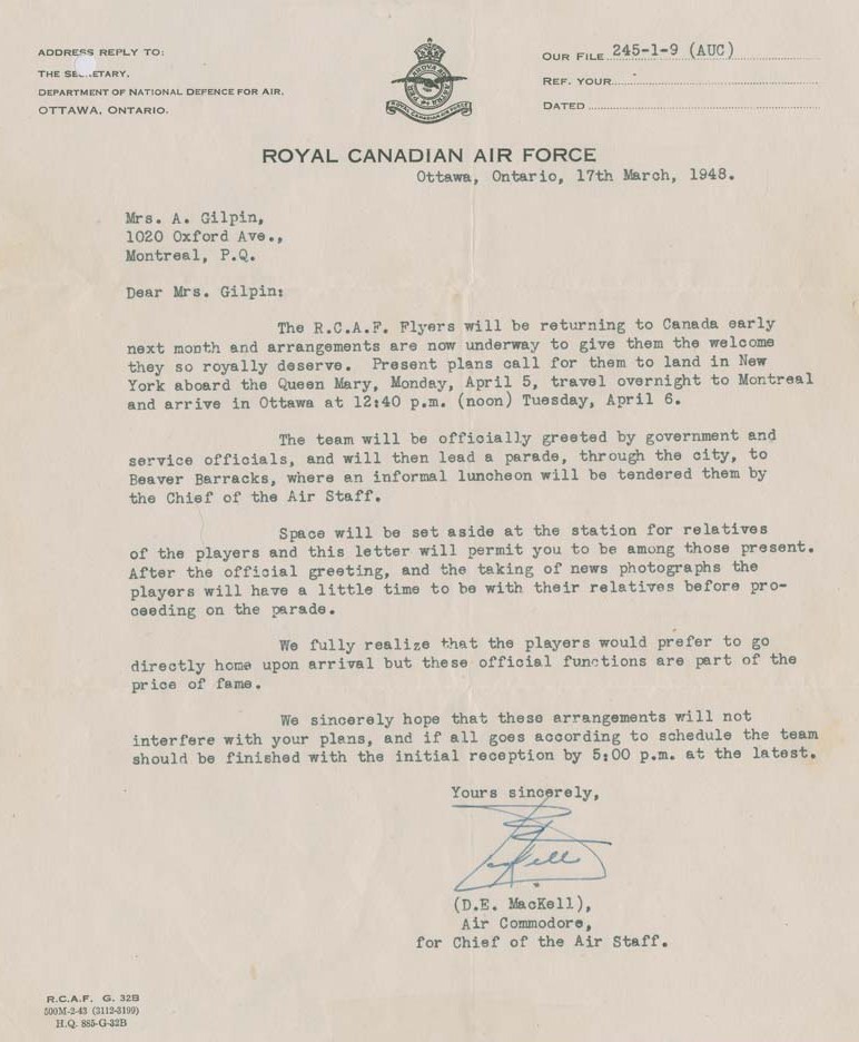 Photo: Letter to families RCAF Flyers regarding arrival in  Ottawa